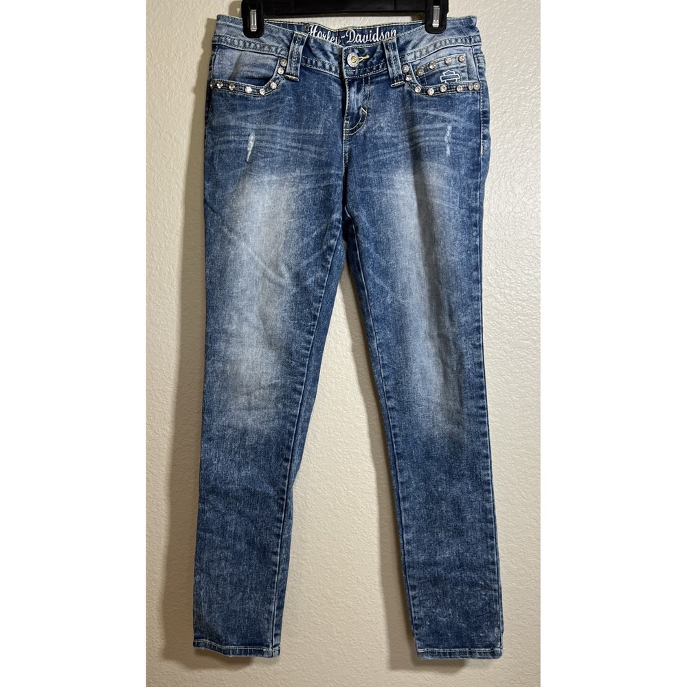 Harley Davidson Womens Bootcut Jeans Blue Wash Embroidered Bling Pockets Size 8 - Picture 2 of 9